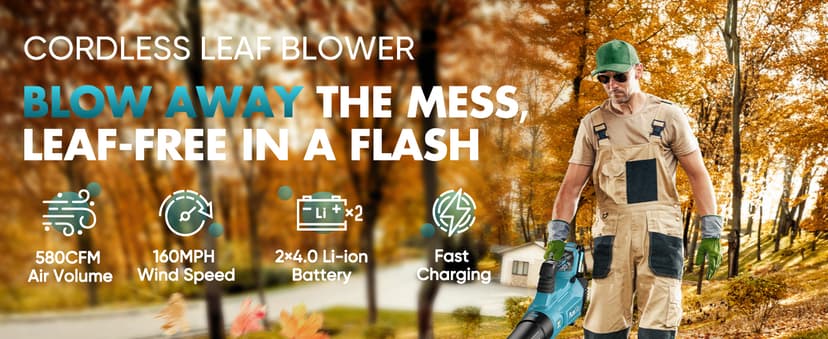 Leaf Blower Cordless - 2025 Update 150000RPM & 3 Speed Levels Electric Leaf Blower with 2 x 4.0Ah Battery and Charger, Extension Tube Blower for Lawn Care, Yard, Garage, Blowing Leaves, Dust or Snow