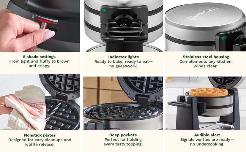 Cuisinart Double Flip Belgian Waffle Maker, 180° Flip, Ready Indicator Light, 1400W Nonstick Waffle Iron Plates, WAF-F40, Black/Stainless