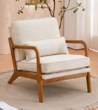 Karl home Accent Chair Mid-Century Modern Chair with Pillow Linen Fabric Upholstered Lounge Arm Chair with Solid Wood Frame & Soft Cushion for Living Room, Bedroom, Balcony, Beige