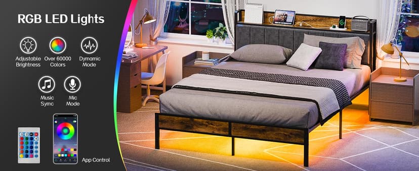 Queen Bed Frame with Headboard, Metal Platform Bed with Smart LED Lights and USB Charging Station, Easy Assembly, No Box Spring Needed
