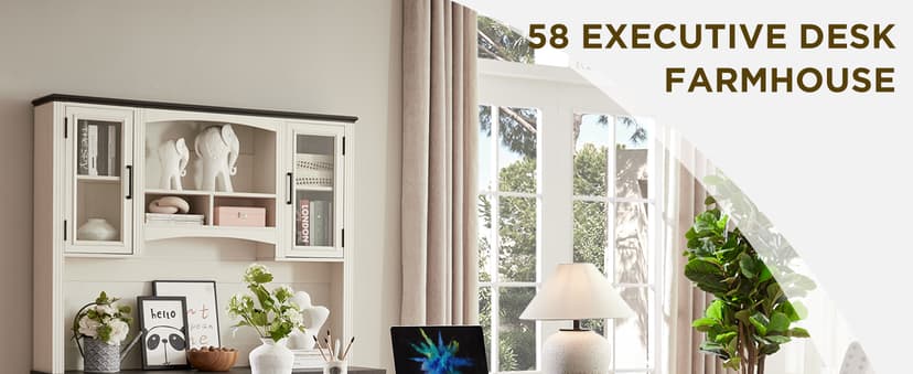 JXQTLINGMU 58" Executive Desk, Farmhouse Computer Desk with Drawers and Cabinet, Embossed Texture Home Office Desk w/Charging Station, Workspace for Work Study Writing, Off White