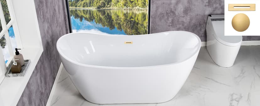 WOODBRIDGE 67" Acrylic Freestanding Bathtub Contemporary Soaking White Tub with Brushed Gold Overflow and Drain,B0010-BG