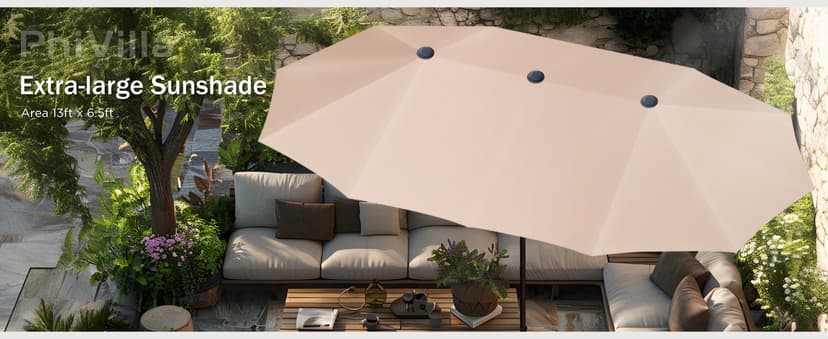 PHI VILLA 13ft Large Patio Umbrella Double-Sided Twin Outdoor Market Umbrella with Crank, Beige