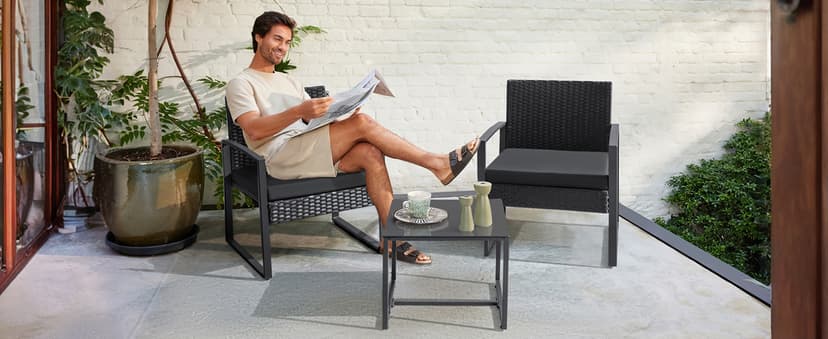 Flamaker 3 Pieces Patio Set Outdoor Wicker Furniture Sets Modern Rattan Chair Conversation Sets with Coffee Table for Yard and Bistro (Black)