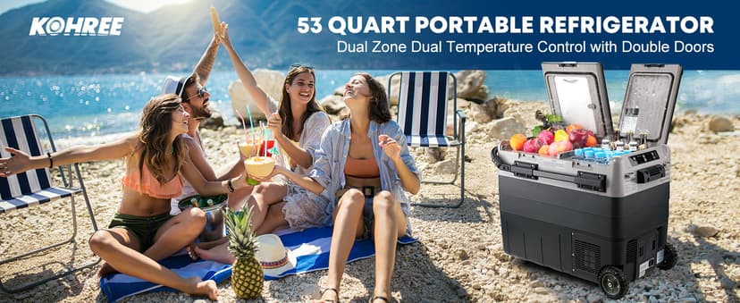 Kohree 12V Car Refrigerator, 53 Quart (50L) Portable Refrigerator, Dual Zone -4℉-68℉ Car Fridge Portable Freezer 12/24V DC and 100-240V AC for RV, Camping,Travel
