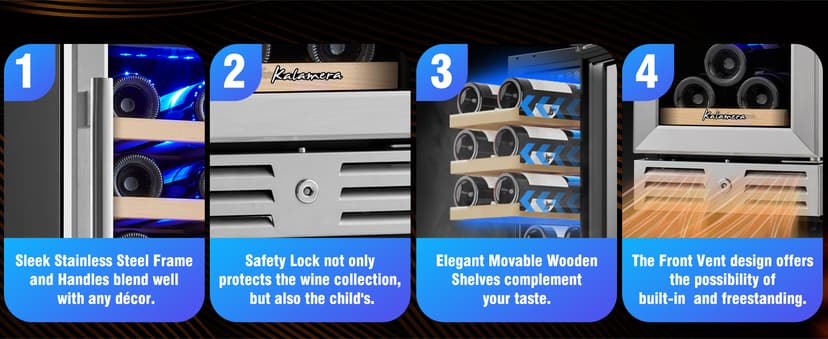 Kalamera Mini Fridge 15" Wine Cooler Refrigerator - 30 Bottle Wine Fridge with Stainless Steel Refrigerator& Double-Layer Tempered Glass Door and Temperature Memory Function Built-in or Freestanding