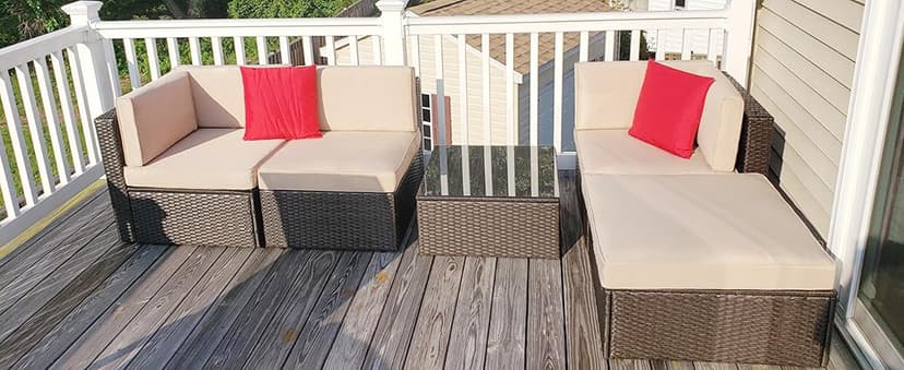 Vongrasig 5 Piece Patio Furniture Sets, All-Weather Brown PE Wicker Outdoor Couch Sectional Set, Small Conversation Set for Garden/Patio w/Ottoman, Glass Table, Red Pillow, Beige