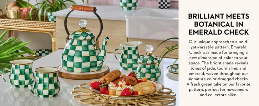 MACKENZIE-CHILDS Enamel Tea Kettle, Stylish Tea Kettle for Stovetop, Green-and-White Emerald Check, 2 Quarts