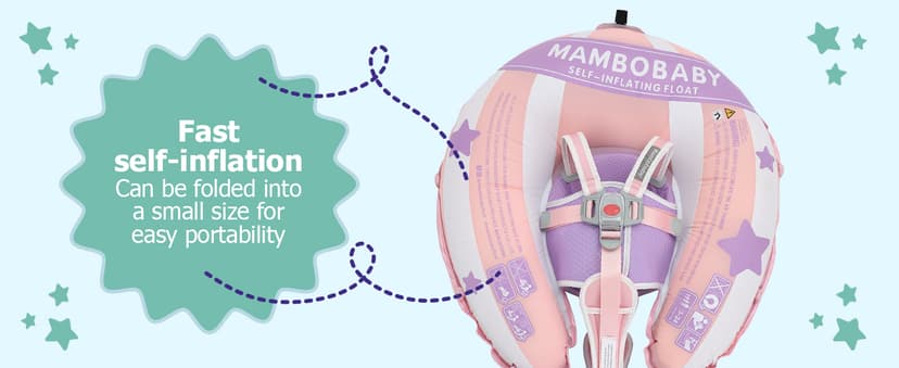 MAMBOBABYFLOAT Light Traveler 2025 — Safe, Comfortable, Adjustable Baby Pool Float with Canopy — Sun Protection, Self-Inflating, 5-Way Buckle System (Hot Air Balloon, Pink)