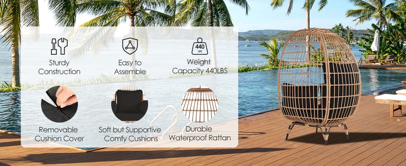 Oversized Wicker Egg Chair Set of 2, Outdoor Indoor Lounger with 4 Cushions, 440lb Capacity, Egg Basket Chair for Living Room, Backyard, Balcony, Patio, Black