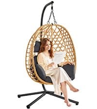Hanging Egg Chair with Adjustable Footrest & Stand, Wicker Rattan Swing Hammock Chair with Cushion & Double Chains, 350LBS Capacity for Outdoor & Indoor Patio, Deck, Bedroom, Balcony (YE-BE)