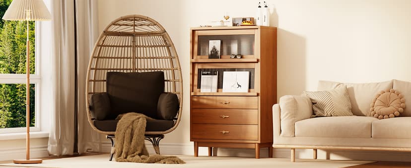 360°Oversize Swivel Egg Chair Outdoor, Heavy-Duty Steel Wicker Egg-Shaped Chair w/4 Cushions, Patio Rotating Rattan Egg Basket Lounge Seat for Patio, Porch, Backyard, Living Room, Black