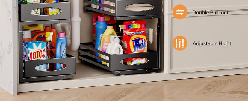 Under Sink Organizer, Pull Out Cabinet Organizers, Slide Sink Steel Shelf Cabinet Storage Shelves, Under Sink Storage for Kitchen Bathroom Cabinet (Black, 2 Pack)