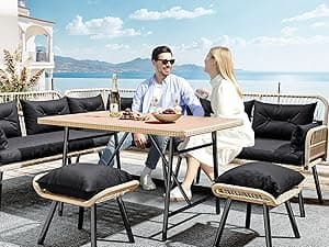YITAHOME Patio Wicker L-Shaped Furniture Set, All-Weather Rattan Outdoor Conversation Sofa Set for Backyard Deck with Soft Cushions,Ottomans and Plastic Wood Dining Table (Light Brown+Black)