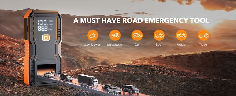 OXILAM Jump Starter 6000A for All Gas/12L Diesel, Car Battery Jumper Starter Portable, 12V Lithium Jump Box with Jumper Cables, LED Display, LED Light, Power Bank with USB, Type C Port