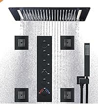 HOMEDEC Luxury Full Body Shower Jets System, 15x28inch Rain Shower Faucet Set Combo with 4pcs Adjustable Large Body Jet with Handheld Spray (Matte Black, 3 Functions Shower Head)