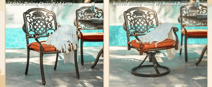 7-Piece Patio Furniture Dining Set, All-Weather Cast Aluminum Outdoor Table and Chairs for 6, Includes 4 Fixed Chairs & 2 Swivel Chair & 60’’ Rectangular Dining Table, Red