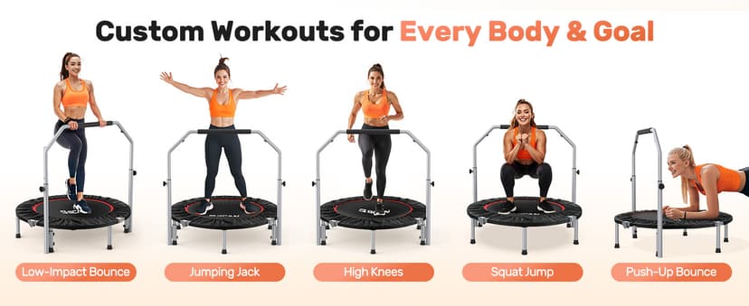 BCAN 40/48" Foldable Mini Trampoline Max Load 330lbs/440lbs, Fitness Rebounder with Adjustable Foam Handle, Exercise Trampoline for Adults Indoor/Garden Workout