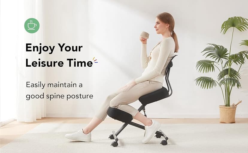 Ergonomic Kneeling Chair with Back Support, Ergonomic Kneeling Tool with Brake and Smooth Gliding Casters, Adjustable Stool for Home and Office, Posture Chair to Relieve Back Pain, Black Linen