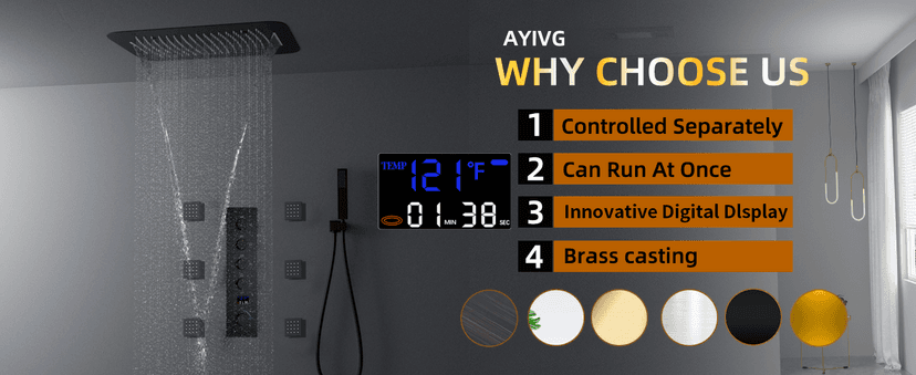 AYIVG Matte Black Thermostatic Rainfall Full Body Shower System With 2 In 1 Waterfall Rainfall Ceiling Mount 16 X 24 Inch Rain Shower Head 6 Jets Temperature Display Shower Faucet Set