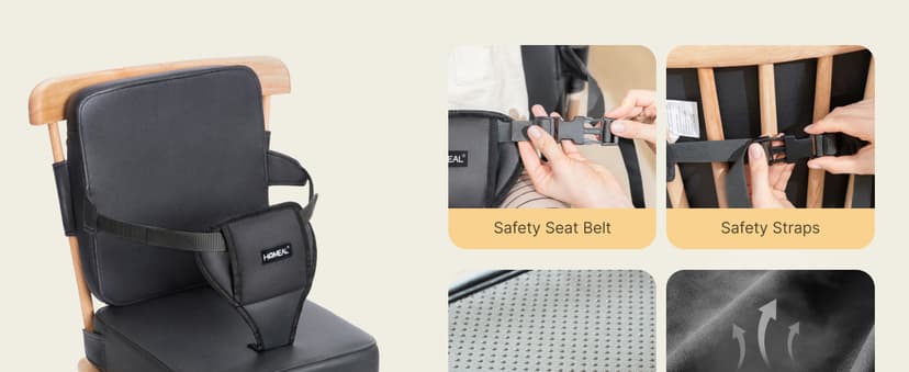 HOMEAL Booster Seat for Kitchen Chair, Breathable Toddler Booster Seat for Dining Table with Backrest and Adjustable Straps, Portable Travel Toddler Booster Seat, Dark Grey