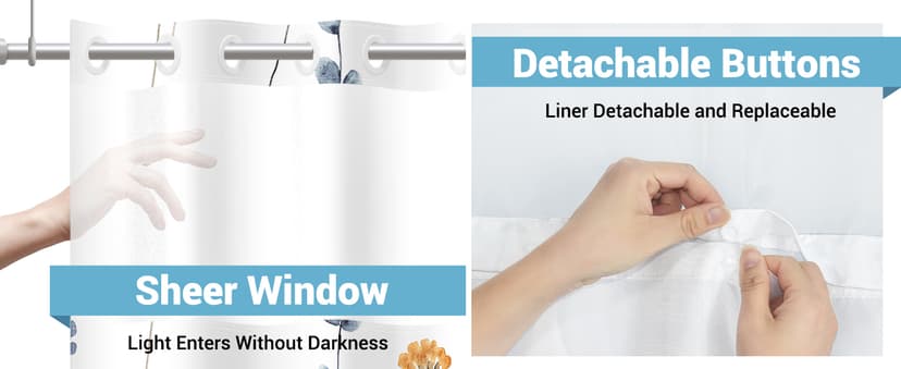 No Hook Shower Curtain with Snap in Liner - Watercolor Floral Shower Curtain - Fabric Waterproof Inner Liner, Plants Blue Beige Flowers White Cloth Shower Curtains Washable, 71 x 74 Inch