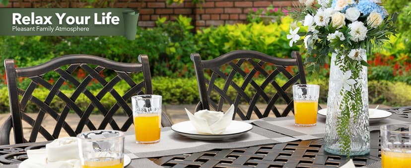 7 Piece Outdoor Dining Set Cast Aluminum, Retro Patio Dining Furniture Set for 6 Includes 59” Rectangular Table 2 Swivel Chairs with Thicker Cushions and Umbrella Hole for Patio Deck Garden