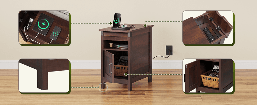 WLIVE End Table with Charging Station, Narrow Side Table for Living Room, Farmhouse Night Stand with Storage, Small Wooden Cabinet with USB Ports and Outlets for Living Room and Bedroom, Espresso