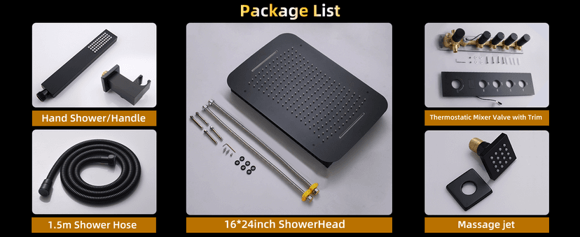 AYIVG Matte Black Thermostatic Rainfall Full Body Shower System With 2 In 1 Waterfall Rainfall Ceiling Mount 16 X 24 Inch Rain Shower Head 6 Jets Temperature Display Shower Faucet Set