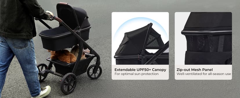 Momcozy ChangeGo Baby Stroller, Convertible Single-to-Double-to-Wagon Stroller with 23 Configurations, Bassinet, Seat Included, Large PU Wheels, All-Wheel Suspension & Extendable UPF50+ Canopy