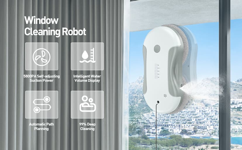Window Cleaning Robot, 5800Pa Intelligent Window Cleaner Robot with 80ml Dual Water Spray, with Path Planning and Edge Detection for Interior/Exterior Highrise Windows