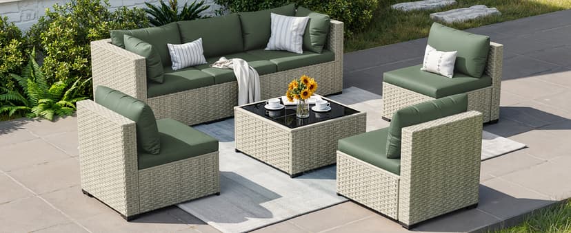 Patio Furniture Set, 7-Piece Outdoor Sectional All-Weather Wicker Patio Conversation Set for Backyard (Green Cushions with Grey Rattan)