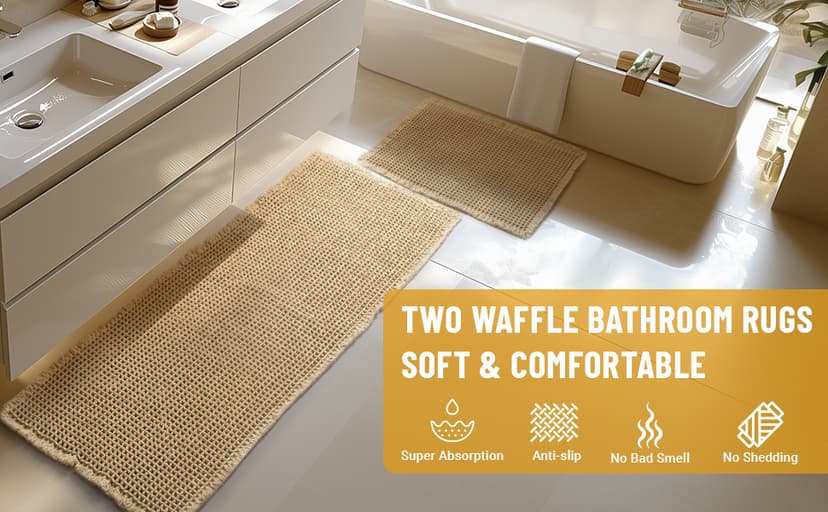 Large Waffle Bath Mat Set, Non Slip Bathroom Mat Set, Ultra Absorbent Bath Mats for Bathroom Decor, Extra Soft Floor Bathroom Rugs Sets 2 Piece, Washable Bath Rugs (20"×47" and 16"×24")