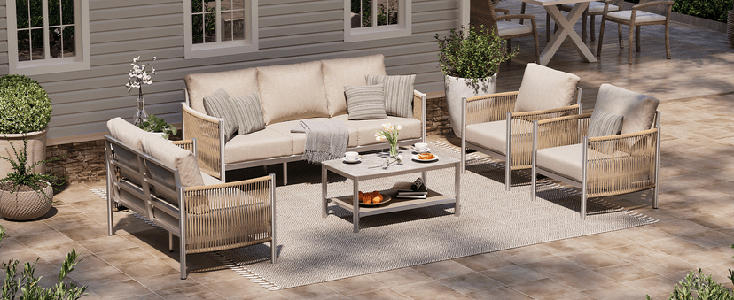 Aluminum Outdoor Patio Furniture Set, HDPE Rope 5 Piece Modern Sectional Conversation Sets with Dual-Layer Coffee Table, All Weather Patio Couch Sofa with Thick Cushions, Gray Frame, Gray