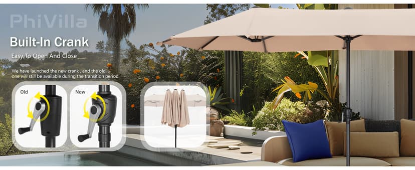 PHI VILLA 13ft Large Patio Umbrella Double-Sided Twin Outdoor Market Umbrella with Crank, Beige