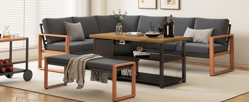 Grand patio 4-Piece Outdoor Furniture Set with Gas Fire Pit Table, Aluminum Patio Sofa Set for 8 with Faux Wood Grain Finish, Modern Patio Couch Sofa with Outdoor Bench and Chaise for Backyard