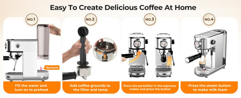 Espresso Machine Upgrade, 20 Bar Compact Espresso Coffee Machine with Milk Frother, Stainless Steel Coffee Maker with 44oz Removable Water Tank & Fast Heat System for Cappuccino, Latte