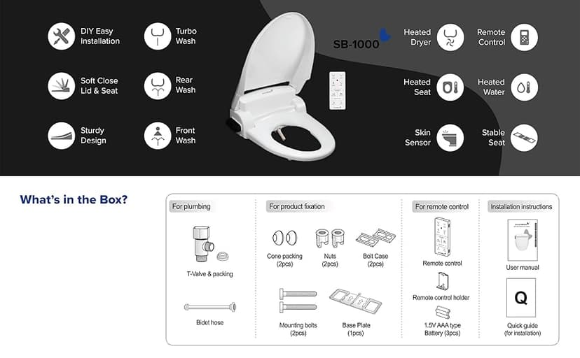 SmartBidet SB-1000WE Electric Bidet Toilet Seat with Heated Seating, Warm Air Dryer, Temperature Control Wash, and Remote Control, Elongated Seating