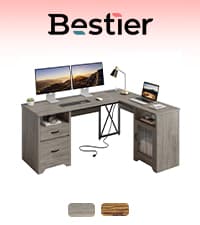 Bestier 59” Computer Desk with 4 Drawers, Office Desk with Storage, Industrial Executive Desk with File Drawer, Keyboard Tray & 2 Pedestals on Both Sides for Home Office & Studio, Grey