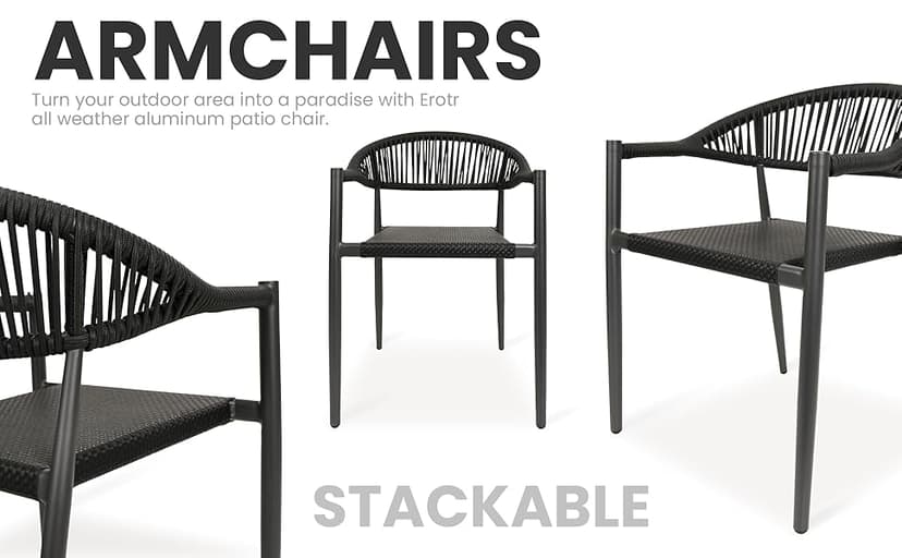 4 Pcs Stackable Patio Dining Chairs, Aluminum Rattan Outdoor Dining Chair with Arms, Woven Rope Garden Armchair Metal No Assembly for Bistro Balcony Porch Deck Yard Cafe Restaurant, Black