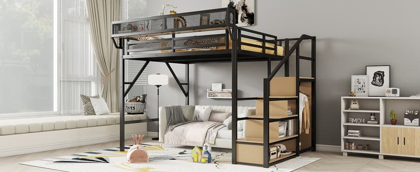 Full Size Loft Bed with Stairs and Storage, Metal Loft Bed Frame with Bedside Shelf and Large Under-Bed Space, Heavy-Duty Bed for Adults Teens and Kids, Black