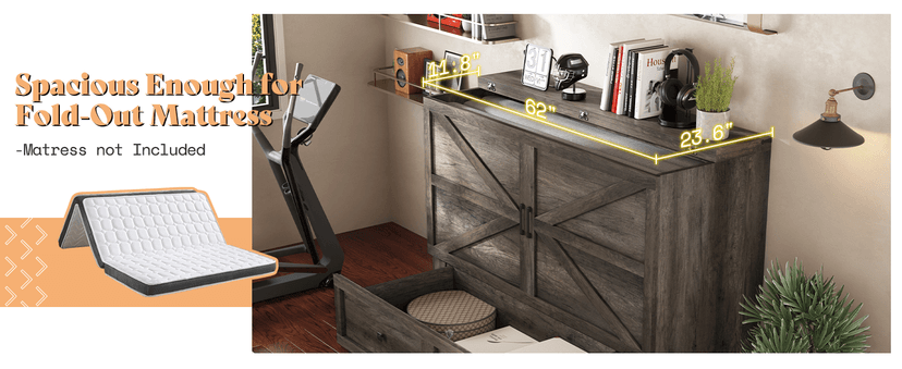 AMERLIFE Queen Murphy Bed with Storage & Charging Station, Farmhouse Murphy Cabinet with Foldable Panel, Noisy Free, for Living Room, Guest Bedroom, Office, Rustic Gray