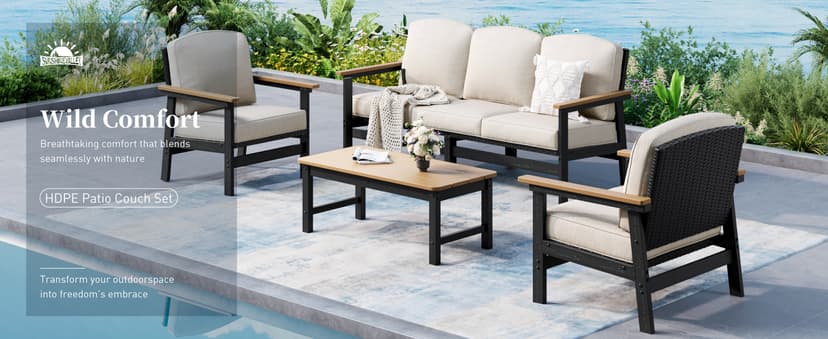 HDPE Outdoor Patio Furniture 4-Piece Set, All Weather Modern Patio Conversation Sets with Wood-grain Extended Table, Outdoor Patio Couch Set, Black Frame with Beige 4.7" Thick Cushions