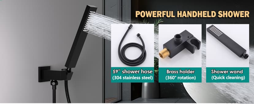 HOMEDEC Luxury Matte Black Shower System, Multi Functions 15.7x31.5inch Mist Rain Shower Head System with Full Body Sprays Jets, Rainfall Ceiling Thermostatic Shower Faucet Set