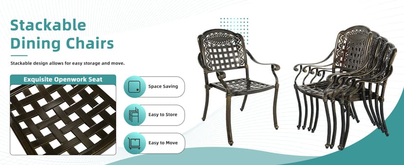 MEETWARM 9-Piece Outdoor Furniture Dining Set, All Weather Cast Aluminum Patio Garden Set with 8 Chairs,1 Oval Table, 2" Umbrella Hole, Dark Bronze