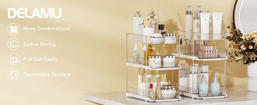 Delamu 2 Sets of 3-Tier Bathroom Under Sink Organizers and Storage, Multi-Purpose Stackable Pantry Organization and Storage, Pull Out Clear Kitchen Bathroom Cabinet Organizer with Movable Dividers