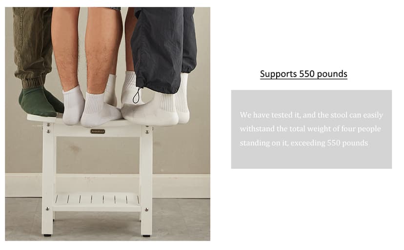 Waterproof Shower Bench, White Poly Shower Stool for Shaving Legs, Shower Chair Seat with Handles & Shower Head Holder, Plastic Bathroom Bench with Adjustable Feet for Inside Shower, Non-Slip