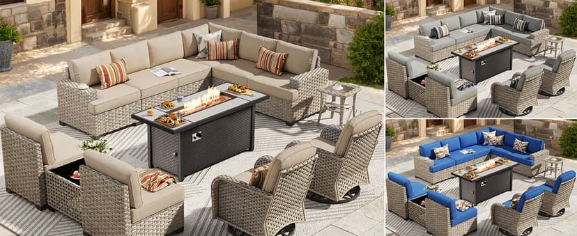 HOOOWOOO Outdoor Sectional Patio Furniture Set with Fire Pit Table,13 Pieces Wicker Conversation Sets L Shaped Couch,Extra Deep Out Door Sofa Outside Furniture with Swivel Chairs,Beige