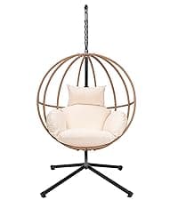 Double Egg Chair Outdoor, Egg Swing Chair with Stand, Hanging Egg Chair Outdoor with Cushions/Headrest, 80" H Hanging Chairs with Stand Indoor, Metal Basket Swing Egg Chairs for Deck, Khaki