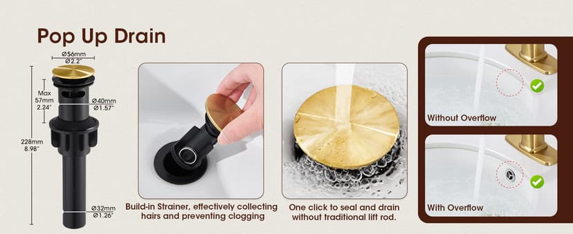 Brushed Gold Single Hole Bathroom Faucets, Single Handle Brass Bathroom Sink Faucet for 1 or 3 Holes, Vanity Faucet with Pop Up Drain and Supply Lines, Deck Plate